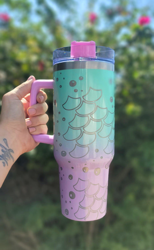 Mermaid scales & bubbles 40oz stainless steel tumbler with handle - Ombre Shimmer