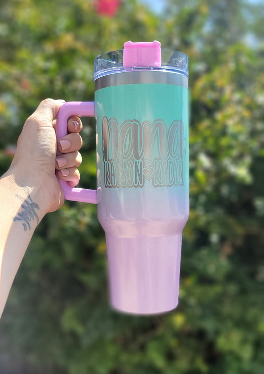 Personalized 40oz stainless steel tumbler with handle - Ombre Shimmer
