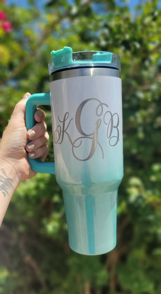 Monogramed 40oz stainless steel tumbler with handle